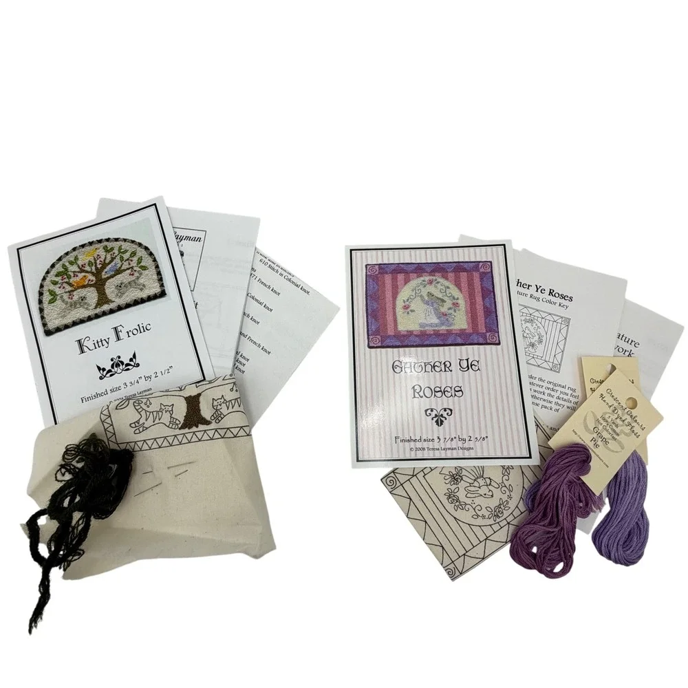 Teresa Layman Design Miniature Punch Needle Doll Rug Kits Kitty Cat Rabbit Roses